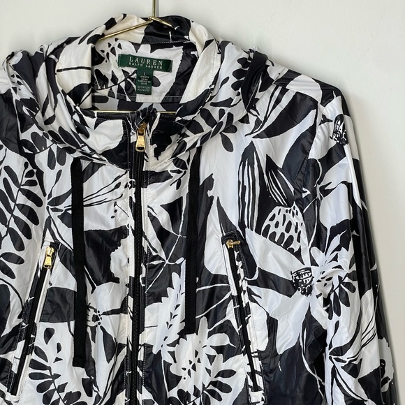 Lauren Ralph Lauren L Black White Floral Hooded Windbreaker Jacket - Picture 5 of 16